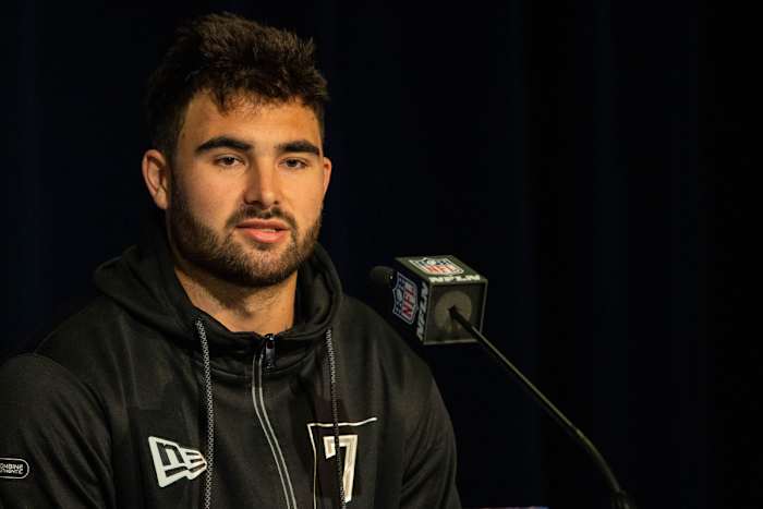North Carolina quarterback Sam Howell talks to the media during the 2022 NFL Combine.